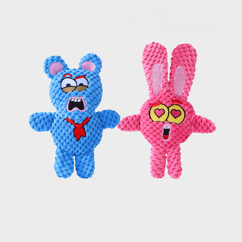 A plush dog toy that makes sound with crinkly paper and is for teething.