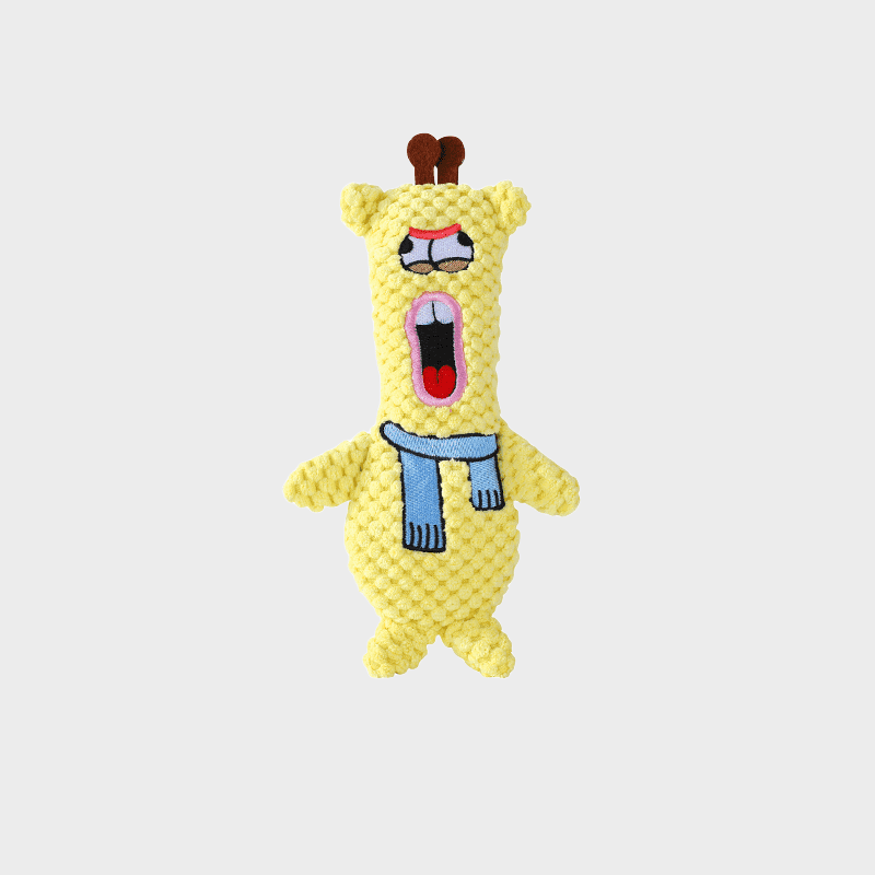 A plush dog toy that makes sound with crinkly paper and is for teething.