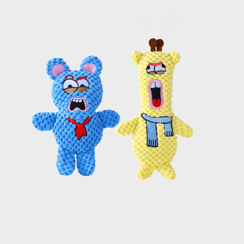 A plush dog toy that makes sound with crinkly paper and is for teething.