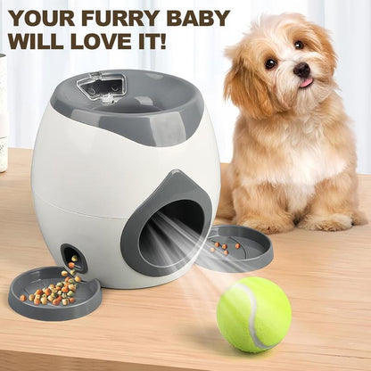 Automatic dog ball launcher - an interactive smart toy with a treat dispenser, used for mental development and training.