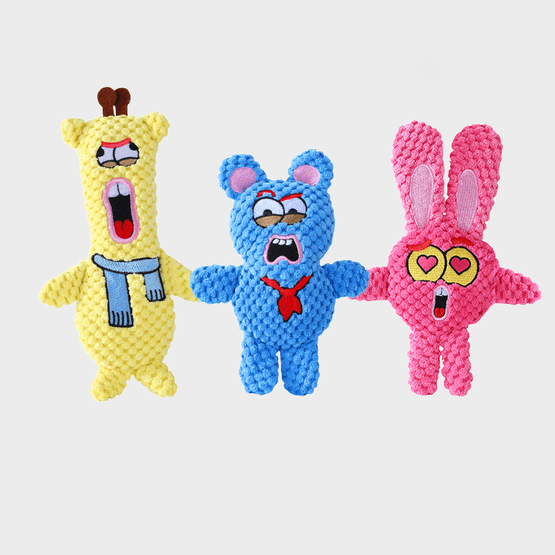 A plush dog toy that makes sound with crinkly paper and is for teething.