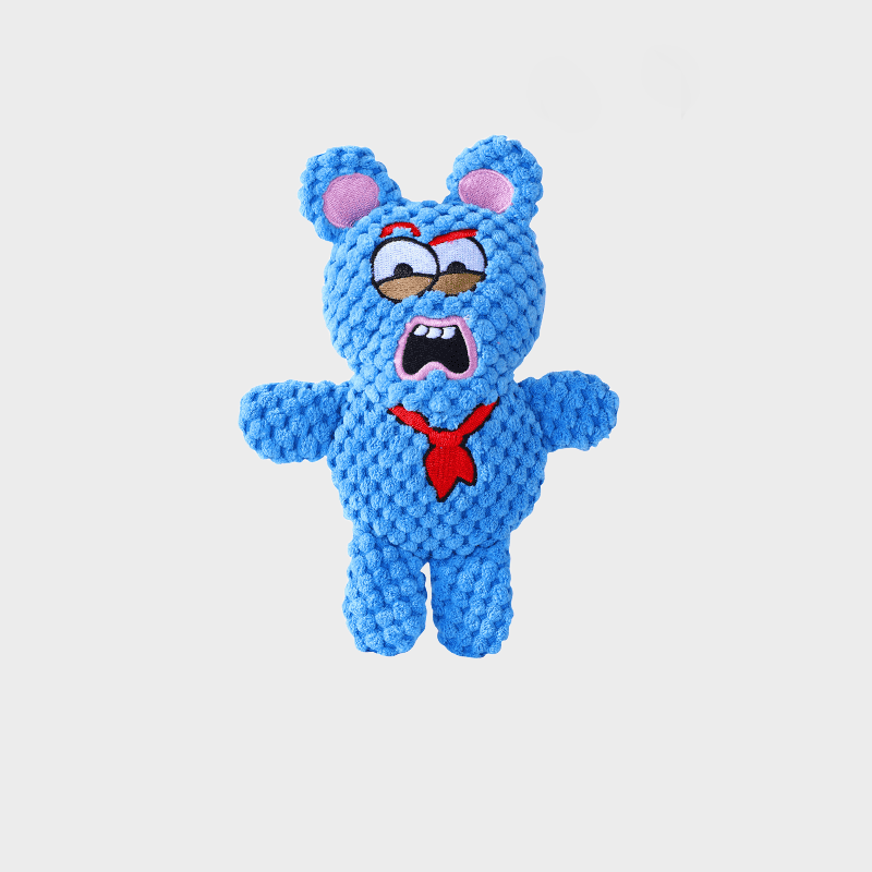 A plush dog toy that makes sound with crinkly paper and is for teething.